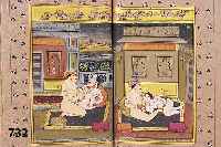 Buch mit erotischen Darstellungen, Indien, 20. Jh., handgeschrieben, Ledereinband, ca. 9 bunte Darstellungen, Maße 22 x 14,5 cm, l. Alterssp.