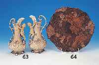 Henkelvasenpaar, Mettlach, um 1870, Stein- zeug, je ein vollplast. applizierte Putti, floraler Dekor, Silberstaffage, diese l. ber.,H. ca. 25 ...