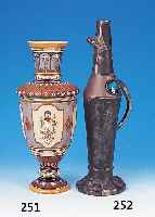 VASE, METTLACH, UM 1895, STEINZEUG, TEIL- RELIEFIERT, IN KARTUSCHEN VERSCH. PUTTODARST.,ABSTR. FLORAL, BUNT STAFFIERT, H. CA. 36 CM, AM OBEREN ...