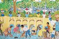 James, Joseph, 1956 Cap Haitien-1985, Treiben am Fluss mit reicher Personenstaffage,Öl/Hartfaser, re. u. sign. und dat. 84, ca. 51 x 61 cm, ...
