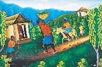 Meliscu, Eddy, zeitgen. haitianischer Künstler auf dem Heimweg vom Feld, Öl/Lwd auf Holz aufgezogen, re. u. sign., ca. 60 x 90 cm, R.