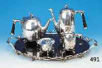 Kaffee- und Teeset, England, 20er Jahre Metall versilbert, Bakelitplatte auf Tablett, Holzgriffe, gemarkt, eleganter Entwurf, ...