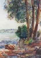 Compton, Edward Harrison, Feldafing/Obb. 1881-1960, Baumbestandenes Seeufer, Aquarell/ Papier, re. u. sign., ca. 34 x 22 cm, PP,u.Gl.