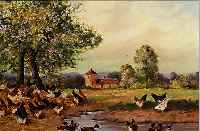 COTTIN, E., 1901-1974 BRüSSEL, FRüHLINGS- LANDSCHAFT MIT KLEINEM BACHLAUF, HüHNERN UND ENTEN, ÖL/HARTFASER, LI. U. SIGN., CA. 44 X 54 CM, R.