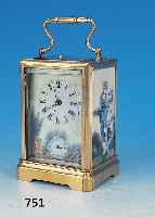 Reiseuhr mit Abruf und Wecker, Frankreich, um1910, Messinggehäuse, Front und oben facett.verglast, gravierte Messingtür hinten, Seiten und ...