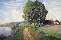 Thomas, Paul, Mecklenburger Maler der 1. Häl- fte des 20. Jh., Weite Landschaft mit wei- denden Kühen, Bäumen und Bauernhof, Öl/Lwd, re. u. ...