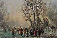 van Ilpilla, (o.ä.), holländisch-flämischer Maler, um 1860, Eisvergnügen mit reicher Personenstaffage in idealisierter Landschaft, feine ...