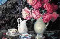 Unbekannter Maler, Karlsruher Schule, um 1900, Stilleben mit Blumenstrauß und Porzellan, Öl/Lwd, unsigniert, ca. 56 x 66 cm, R.