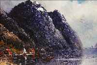 DENK, C., WOHL UM 1900, QUALITäTSVOLLE FJORDLANDSCHAFT, ÖL/HOLZ SIGN., VERSO BE- TITELT, "AM ...KKEFJORD", 15 X 30 CM, R.