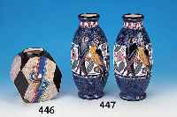 Vasenpaar, Amphora Tschechien, 20er/30er Jahre, Feinsteingut, blau glasiert, mittig reliefiertes Band mit stilisierten Blumen und Vogelpaar, ...