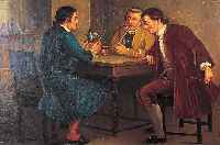 Heidland, R., Genremaler, tätig um 1860/70, drei rauchende und trinkende Herren in Kostü- men des 18.Jhd. im Gespäch in einer Stube, Öl/Lwd. ...