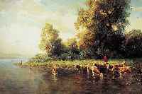 PIPPEL, OTTO, EDUARD 1879 LODZ - 1960, PLANEGG/MüNCHEN, HIER: KüHE BEI DER TRäNKE MIT HIRTE, WALCHENSEE ?, FEINE TONIGKEIT, ...