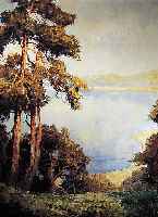 PIPPEL, OTTO, EDUARD 1879 LODZ - 1960 PLANEGG/MüNCHEN, HIER: WALDLANDSCHAFT MIT BLICK üBER DEN WALCHENSEE, ÖL/LWD., HERVORRAGENDE LUFT- ...