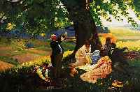 Lehmann, Wilhelm Leonhard, *1877 Schlesien - 1954 Ergoldsbach, wirkte in Mnchen, M„nner und Frauen beim sommerlichen Picknick unter einer ...