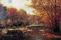 Iversen, dänischer Maler um 1900, herbstliche Landschaft mit baumbestandenem Flußufer, Öl/Lwd, li. u. sign., ca. 68,5 x 98 cm