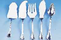 6 VORLEGETEILE, 925ER SILBER, BEST. AUS: 2 FISCHVORLEGETEILE, 1 SOßENLöFFEL, 1 FLEISCH-SPIEß U. 2 TORTENSCHAUFELN, SEHR GUTER ZU- STAND, ...
