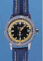 ZODIAC HERRENTAUCHERUHR MODELL SEEWOLF, SCHWEIZ UM 1967, EDELST., BODEN GEDR., LüNETTEFARBL. DIFFERENZ., BEIDS. RAST. DREHB., ZEN- TRALSEK., ...