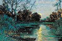 JELINEK, ERNESTINE (TINA), GEB. 1884 BERG REICHENSTEIN, ABENDSTIMMUNG AM FLUßLAUF, ÖL/MALKARTON, RE. U. SIGN. UND BEZ. LINZ, CA. 32 X ...