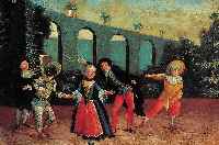 Unbekannter italienischer Maler, 18. Jh., Fünffigurige Szene aus der Commedia dell'Arte,Öl/Lwd, alte Doublierung, feine Malerei, ca. 35 x ...