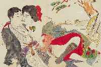 Japanisches Shunga-Blatt, 19. Jh., erotischeDarstellung, Aquarell auf Reispapier, Wurm- gänge, ca. 19 x 26 cm, PP