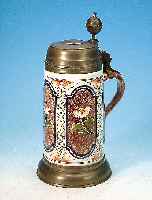 Walzenkrug, wohl Erfurt, um 1770, Fayence, bunt bemalt mit Blumen in Kartuschen,bunte Muffelfarben, Boden haarrißig, Deckel und ...