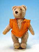 TEDDY-BäR, STEIFF, 60ER JAHRE, BLONDER PLüSCH, SCHEIBENGELENKE, KNOPD IM OHR, BRAUNE GLASAUGEN, STIMME DEFEKT, H. CA. 20 CM
