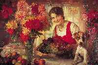 ROESELER, AUGUST, 1866 HAMBURG-1936 MüNCHEN, JUNGE FRAU HINTER EINEM TISCH MIT BLUMEN UND EINEM FOXTERRIER, ÖL/LWD, LI. U. SIGNIERT, CA.85 X 131 ...