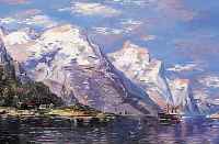 Unbekannter Künstler, 20/30er Jahre, Fjordlandschaft mit Boot, Öl/Malkarton, un- signiert, Rahmen l. besch., 36 x 53 cm