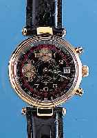 PRYGEPS Armbandchronograph, Ref.-Nr. 1532, Schweiz um 1995, Metall-Rundgeh. hartverg., Edelst.-Boden gedr., Lederband, Orig.-Etui, schw. ...