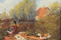 Franke, G., Tiermaler, Mitte 20. Jh., In feiner traditioneller Art, Hier: Entenfamilie am sommerlichen Teich vor einem Gehöft, Öl/ Holz, ...