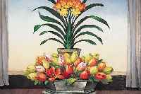 Osbeck, Blumenmaler 1. Hälfte 20. Jh., Stil-leben mit Tulpen am Fenster, Öl/Lwd. (sorg. rest.), sign., 61 x 81 cm, R.