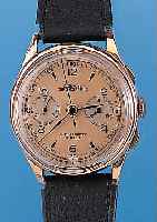 OSKA ARMBANDCHRONOGRAPH, REF.-NR. 1013, SCHWEIZ UM 1948, RG 750/000, BODEN U. GLASRANDGEDR., METALLCUVETTE ZUR ARMIERUNG, VERS. BLATT FARBL. ...