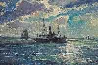 Skarberg, J.P., Skandinavischer Künstler Anfang 20. Jh., Hier: Fischerboote in der Morgendämmerung, Öl/Lwd., sign., 39 x 45.5 cm,R.