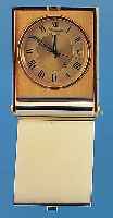 JAEGER LE COULTRE REISEWECKER MODELL MEMOVOX, REF.-NR. 1144409, SCHWEIZ UM 1970, METALL VERG., ORIG.-ETUI U. LEDERHüLLE, AUFSTELLBAR, ...