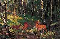 UNBEK. KüNSTLER 19./20.JH, WOHL FRANKREICH, REHE IM BIRKENWALD, ÖL/LWD./HOLZ, UNLESERLICH SIGN., 40 X 50 CM, R.