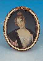 Miniaturmalerei, deutsch, nach 1900, Portrait einer Biedermeierfrau, nach Stieler, auf Elfenbein, emaillierter Rahmen, dieser l. beschädigt, ...