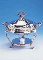 Aufsatzterrine mit Stövchen, Metall versilbert, Glaseinsatz, barockisierend, aufwendig, mit Teelicht, H ca. 30 cm, D ca. 28 cm