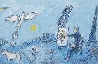 Chagall, Marc, Maler mit Staffelei vor Stadtkulisse, Farblithographie, Doppelblatt mit Bugfalte, ca. 31,5 x 47 cm, u.Gl., R.