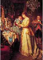 Guyot, A., frz. Maler, datiert 1880, Reiches Interieur, Junge Frau zeigt der Freundin ein Collier, im Hintergrund Diener mit ...