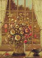 van der Porten, H.W., niederländischer zeit- genössischer Maler, Blumenstilleben vor Fenster, Öl/Lwd, re. u. sign., ca. 40 x 30 cm, R.
