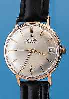 GLASHÜTTE Herrenarmbanduhr, Ref.-Nr. 633147,Deutschland um 1965, Metall rotverg., Edelst.-Boden gedr., Zentralsek., Datum, Blatt l. fl.,Lederband ...