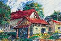 Krinner, Michaela, geb. 1915 Waldmünchen, Meisterschülerin Oskar Kokoschkas, Häuser am Waldrand, Öl/Malkarton, re. u. sign., ca. 45 x56 cm, R.