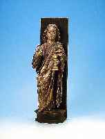 Skulptur des Hl. Johannes, niederländisch, um 1480-1520, Nußbaum massiv, vollplastisch geschnitzt, Fassung aus dem 18. Jh., Hände und Kelch ...