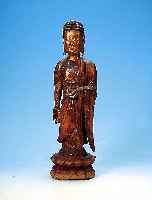 KONVOLUT AUS ZWEI LOHANS, 1 X CHINA, UM 1860-70, HOLZ GESCHNITZT, RESTE ROTGOLDENER FAS- SUNG, H. CA. 45 CM, 1 X HOLZ GESCHNITZT, TAI- LAND UM ...