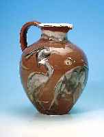KRUG, BRUNO UND HANNS FAY, 50ER JAHRE, TON, BRAUN GLASIERT, BLAUE KRANICHMALEREI, H. CA. 24 CM