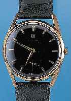 UNIVERSAL GENEVE HERRENARMBANDUHR, METALL M.GG-AUFLAGE, EDELST.-BODEN U. GLASRAND GEDR., SCHW. BLATT, HANDAUFZUG, KAL. 128, UM 1958, INCABL. ...