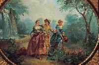 Unbekannter Maler nach dem Vorbild von Hamza, um 1870-80, Galante Personen im Park, Öl/ Lwd, im Oval je ca. 37 x 45 cm, geschnitzte und ...