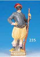 Porzellanfigur, Meissen, um 1890, 2. Wahl, aus der Comedie del Arte, bunt bemalt, Gold- staffage, l. am Stabende rest., H. 18 cm, sammelwürdig