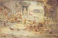 KöSTER, HEINRICH, OLDENBURG 1878 - BREMEN 1907, AQUARELL, BAUERNHOF MIT TIEREN UND BäUERIN, SIGNIERT, UNTERT GLAS, RAHMEN 17,3 X ...