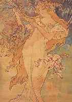 Mucha, Alphonse, Farblithographie auf Stoff,gebräunt und leicht wasserfleckig, Frau mit Harfe, ca. 92 x 55 cm